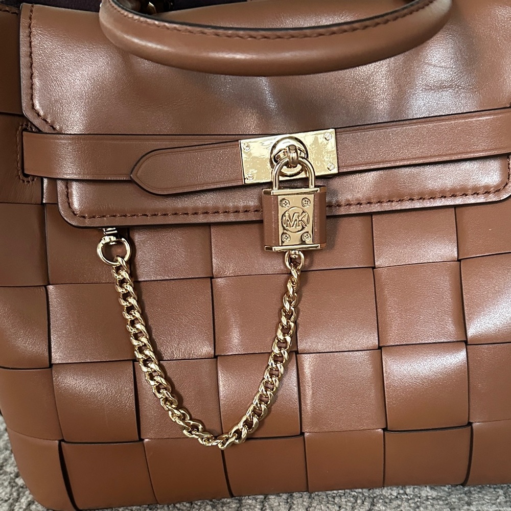 Michael Kors Woven Leather Satchel in Cognac Brown with Gold Hardware - Picture 3 of 12